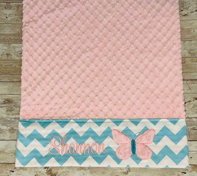 Personalized Minky Pillowcase with Minky Butterfly - Aqua and Pink