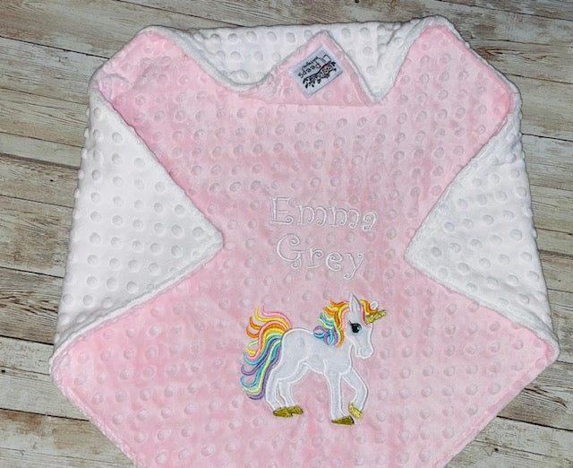 Unicorn - Personalized Minky Blanket - Pink and White Minky - Embroidered Unicorn