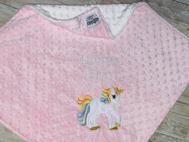 Unicorn - Personalized Minky Blanket - Pink and White Minky - Embroidered Unicorn