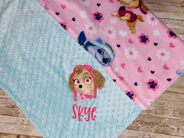 Paw Patrol - Skye- Personalized Minky Blanket -Aqua Minky - Embroidered Puppy