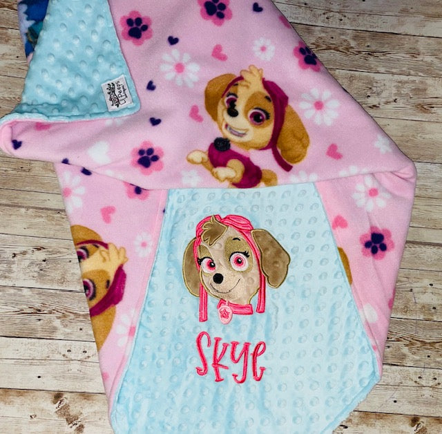 Paw Patrol - Skye- Personalized Minky Blanket -Aqua Minky - Embroidered Puppy