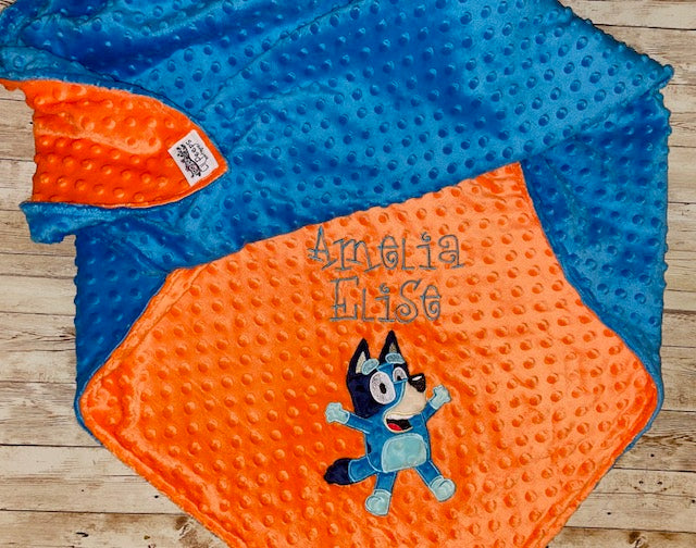 Bluey- Personalized Minky Baby Blanket -Blue and Orange Minky