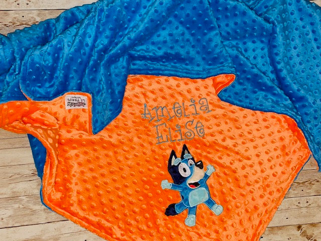 Bluey- Personalized Minky Baby Blanket -Blue and Orange Minky