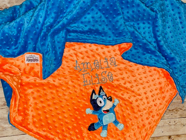 Bluey- Personalized Minky Baby Blanket -Blue and Orange Minky