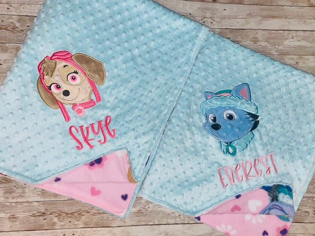 Paw Patrol - Everest- Personalized Minky Blanket -Aqua Minky - Embroidered Puppy