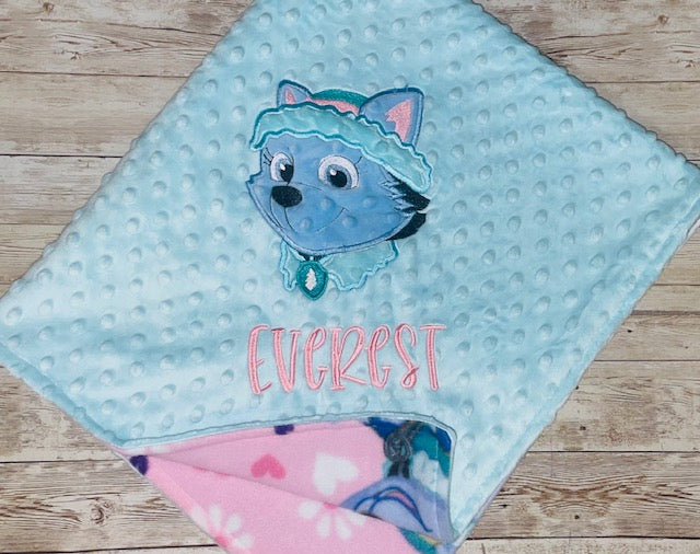 Paw Patrol - Everest- Personalized Minky Blanket -Aqua Minky - Embroidered Puppy