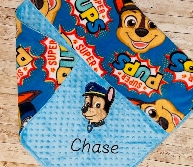 Paw Patrol - Chase - Personalized Minky Blanket -Blue Minky - Embroidered Puppy