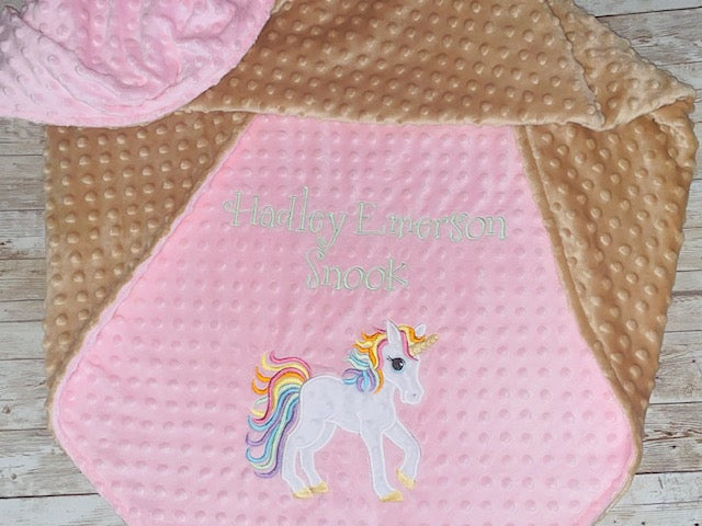 Unicorn - Personalized Minky Blanket - Pink and Tan Minky - Embroidered Unicorn