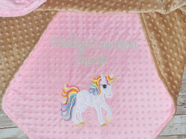 Unicorn - Personalized Minky Blanket - Pink and Tan Minky - Embroidered Unicorn