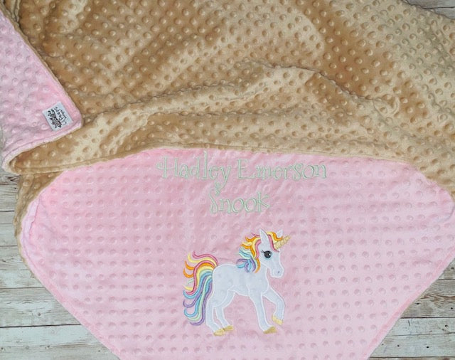 Unicorn - Personalized Minky Blanket - Pink and Tan Minky - Embroidered Unicorn