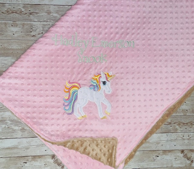 Unicorn - Personalized Minky Blanket - Pink and Tan Minky - Embroidered Unicorn