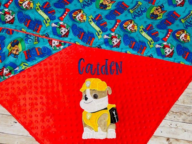 Paw Patrol - Rubble- Personalized Minky Blanket -Red Minky - Embroidered Puppy