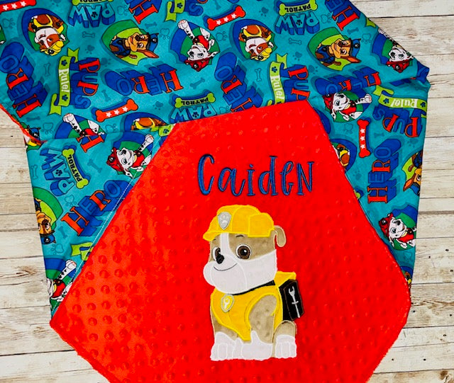 Paw Patrol - Rubble- Personalized Minky Blanket -Red Minky - Embroidered Puppy