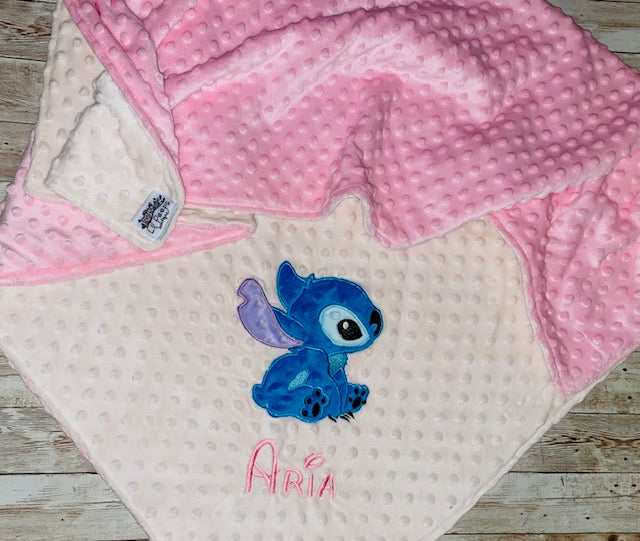 Personalized Stitch Minky Blanket - Cream and Pink Minky