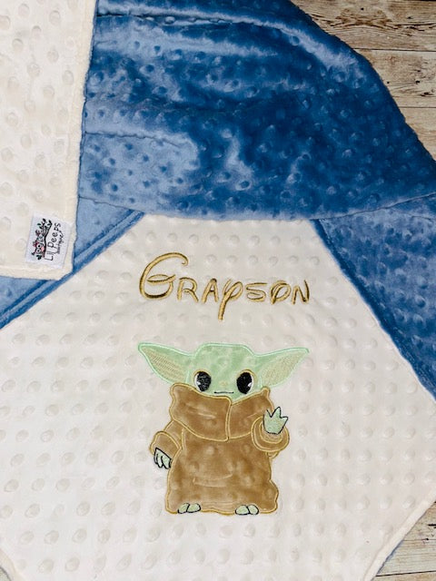 Baby Yoda- Personalized Minky Baby Blanket - Cream and Blue Minky