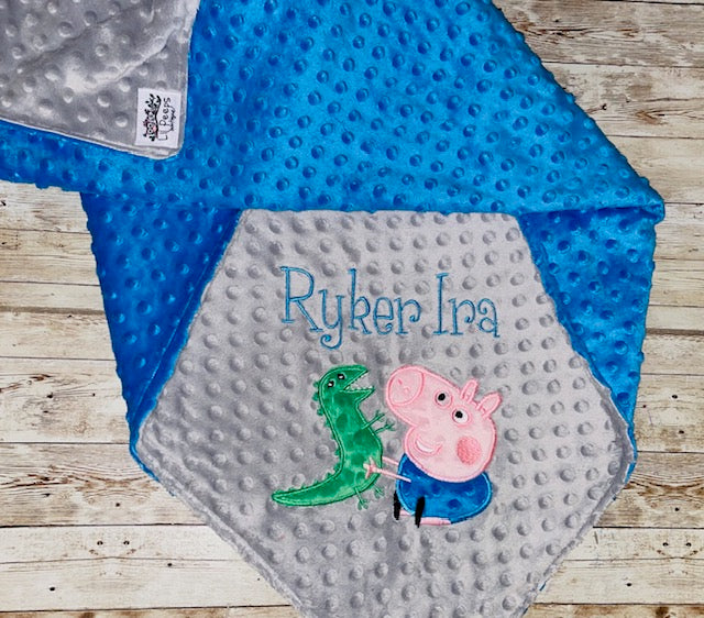 George Pig and Dinosaur - Personalized Minky Baby Blanket - Gray and Blue Minky