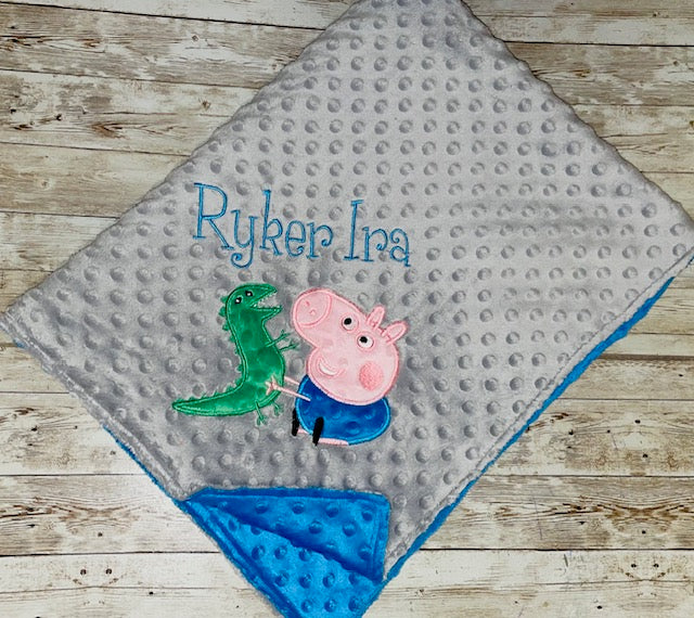 George Pig and Dinosaur - Personalized Minky Baby Blanket - Gray and Blue Minky