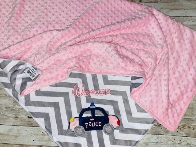 Police Car - Grey Chevron & Minky Baby Blanket with Embroidered Police Car