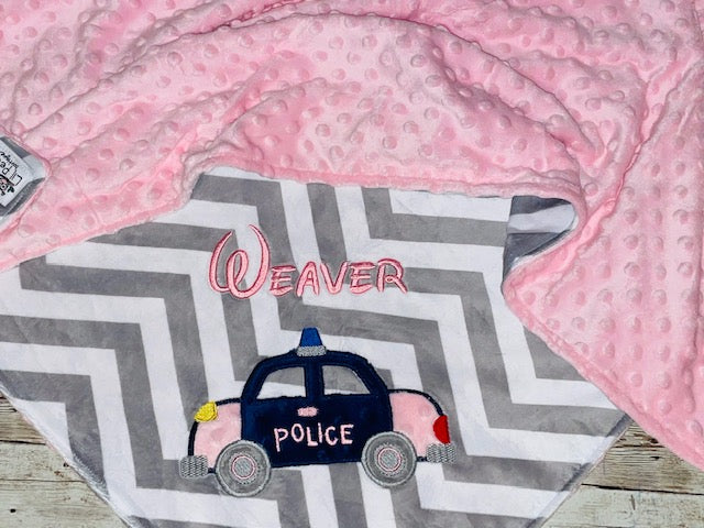 Police Car - Grey Chevron & Minky Baby Blanket with Embroidered Police Car