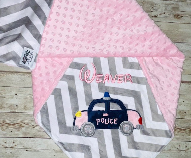 Police Car - Grey Chevron & Minky Baby Blanket with Embroidered Police Car