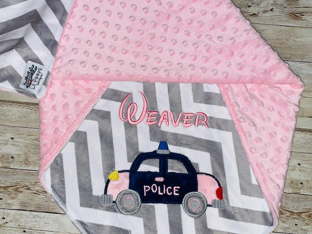 Police Car - Grey Chevron & Minky Baby Blanket with Embroidered Police Car