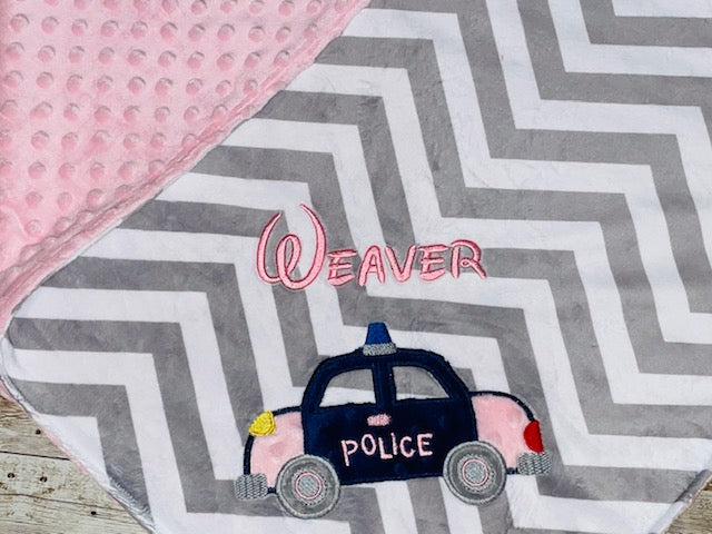 Police Car - Grey Chevron & Minky Baby Blanket with Embroidered Police Car