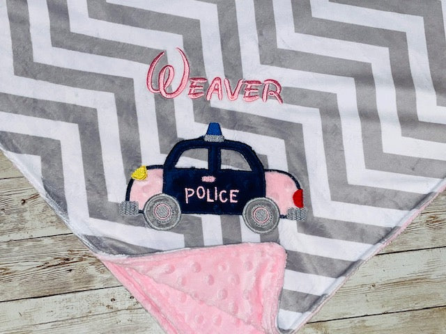 Police Car - Grey Chevron & Minky Baby Blanket with Embroidered Police Car