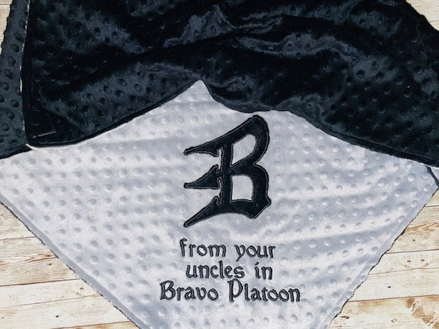 Bravo Platoon - Personalized Minky Baby Blanket - Gray / Black Minky - Embroidered Bravo Platoon