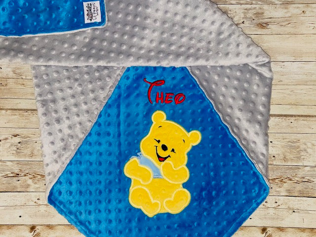 Personalized Winnie the Pooh Minky Baby Blanket - Blue and Gray Minky - Custom Monogram