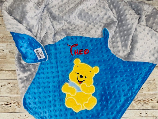 Personalized Winnie the Pooh Minky Baby Blanket - Blue and Gray Minky - Custom Monogram