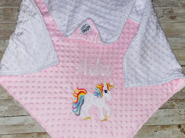 Unicorn - Personalized Minky Blanket - Pink and White Minky - Embroidered Unicorn