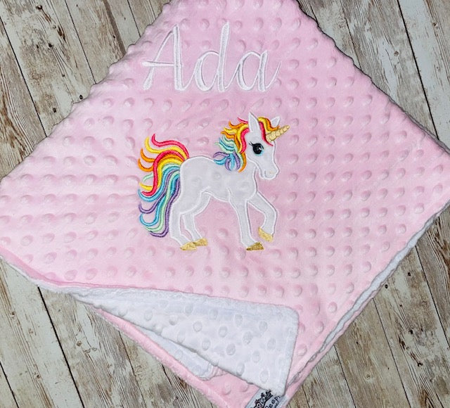 Unicorn - Personalized Minky Blanket - Pink and White Minky - Embroidered Unicorn