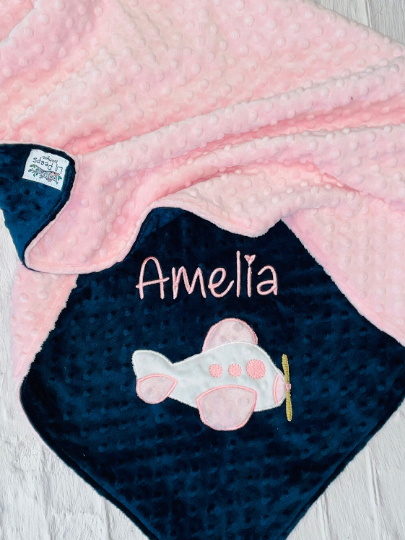 Airplane - Personalized Minky Blanket - Baby Pink / Navy  Minky - Embroidered Airplane