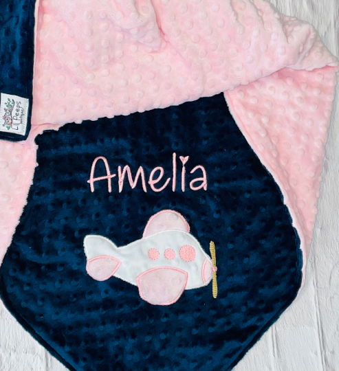 Airplane - Personalized Minky Blanket - Baby Pink / Navy  Minky - Embroidered Airplane