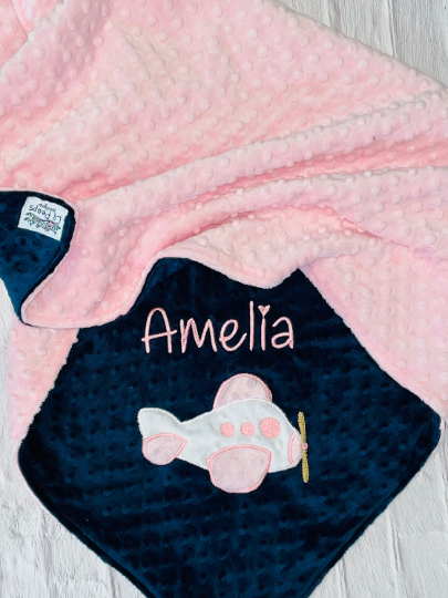 Airplane - Personalized Minky Blanket - Baby Pink / Navy  Minky - Embroidered Airplane