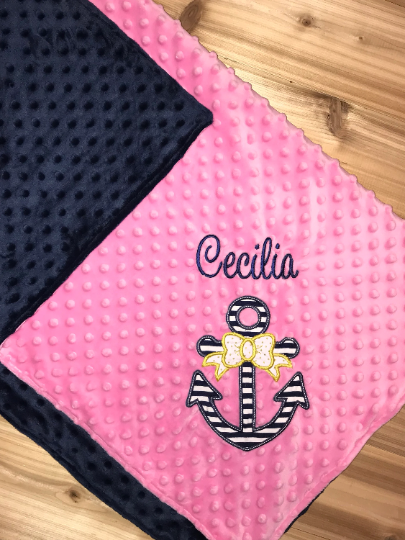 Anchor - Personalized Minky Baby Blanket - Pink / Navy  Minky - Embroidered Anchor with Bow