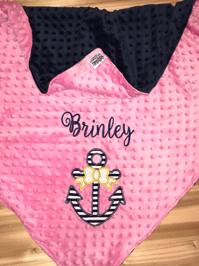 Anchor - Personalized Minky Baby Blanket - Pink / Navy  Minky - Embroidered Anchor with Bow