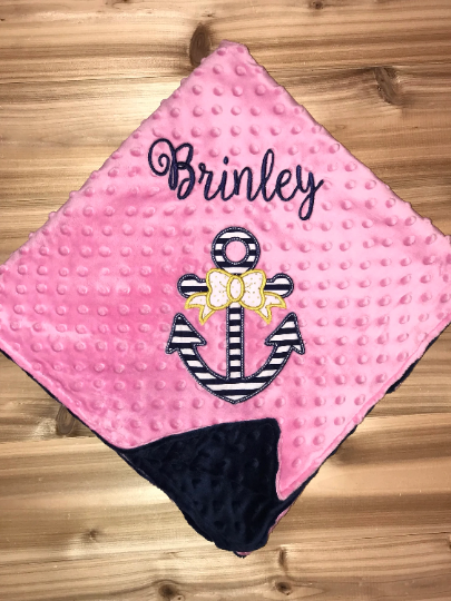 Anchor - Personalized Minky Baby Blanket - Pink / Navy  Minky - Embroidered Anchor with Bow