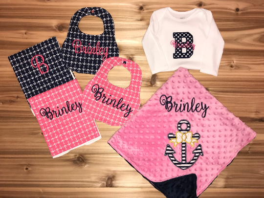 Anchor - Personalized Minky Baby Blanket - Pink / Navy  Minky - Embroidered Anchor with Bow