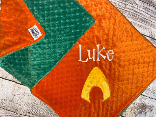 Aquaman - Personalized Minky Blanket -  Green and Orange Minky - Custom Monogram