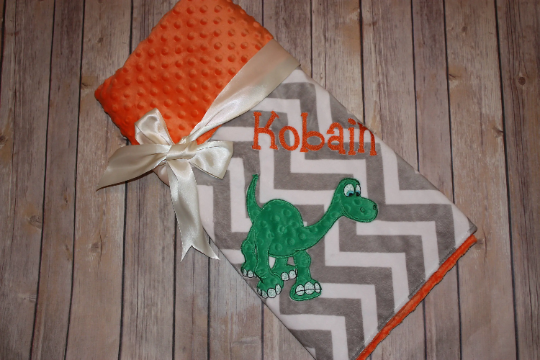 Personalized Arlo Minky Baby Blanket - Gray Chevron and Orange Minky - Custom Monogram