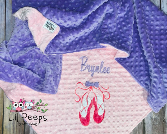 Personalized Ballet Minky Baby Blanket - Baby Pink / Lavender Minky - Embroidered Ballet Slippers