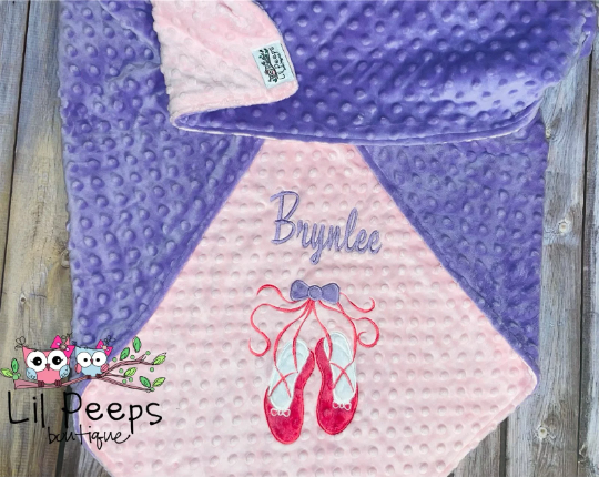 Personalized Ballet Minky Baby Blanket - Baby Pink / Lavender Minky - Embroidered Ballet Slippers