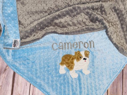 Bulldog -Personalized Minky Blanket -Blue Minky/ Gray Minky - Embroidered Bulldog