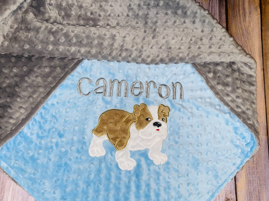 Bulldog -Personalized Minky Blanket -Blue Minky/ Gray Minky - Embroidered Bulldog