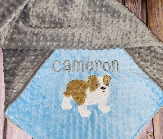 Bulldog -Personalized Minky Blanket -Blue Minky/ Gray Minky - Embroidered Bulldog