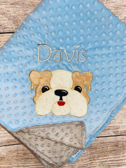 Baby Bulldog -Personalized Minky Blanket -Blue Minky/ Gray Minky - Embroidered Bulldog