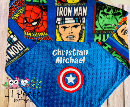 Personalized Captain America Minky Baby Blanket -  Blue Minky and Character fleece- Custom Monogram