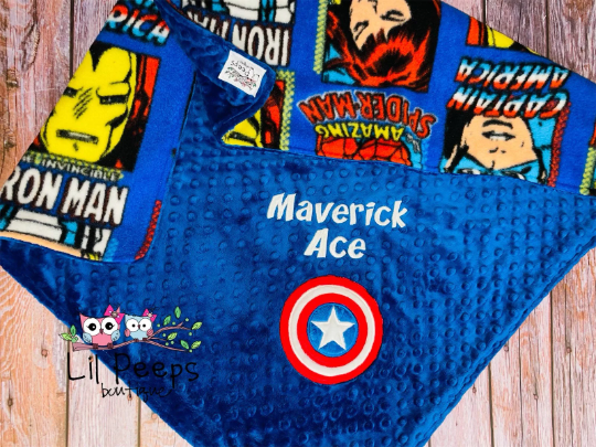 Personalized Captain America Minky Baby Blanket -  Blue Minky and Character fleece- Custom Monogram