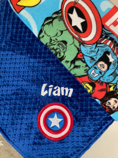 Personalized Captain America Minky Baby Blanket -  Blue Minky and Character fleece- Custom Monogram